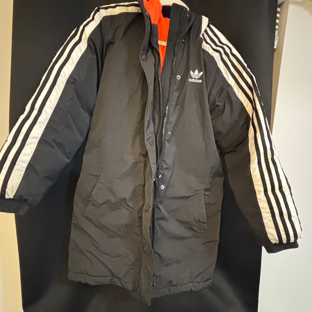Adidas women’s Black Puffer Jacket with White Stripes XS